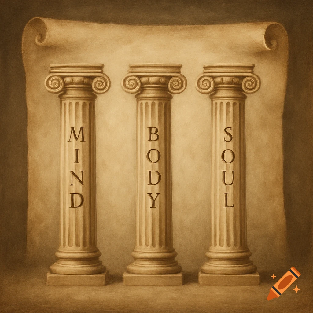 Three classical columns, labeled 'MIND,' 'BODY,' and 'SOUL,' stand before an unfurled, aged parchment.