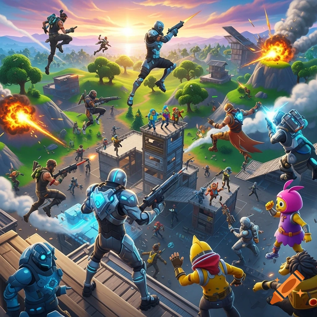 Vibrant, cartoonish 3D art of numerous Fortnite characters battling in a colorful landscape with buildings, explosions, and a sunset.