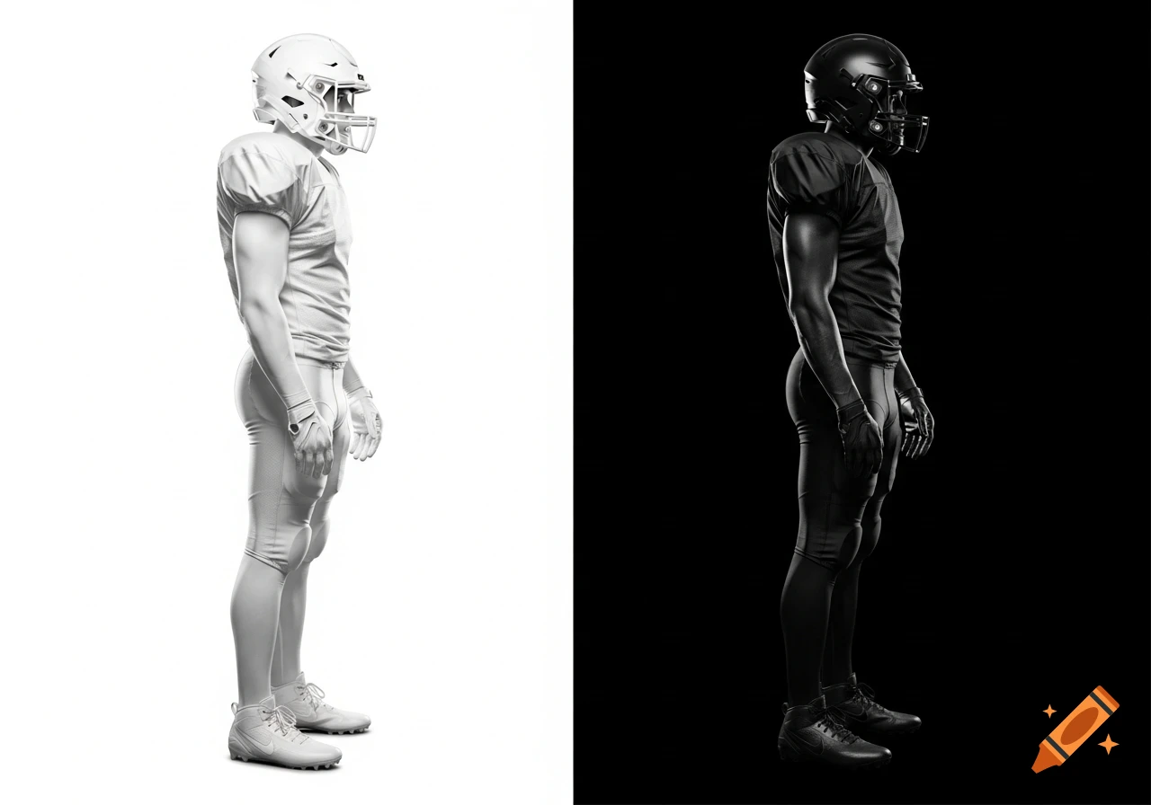 Photorealistic side view of two American football players, one in white uniform on white background, one in black on black background.