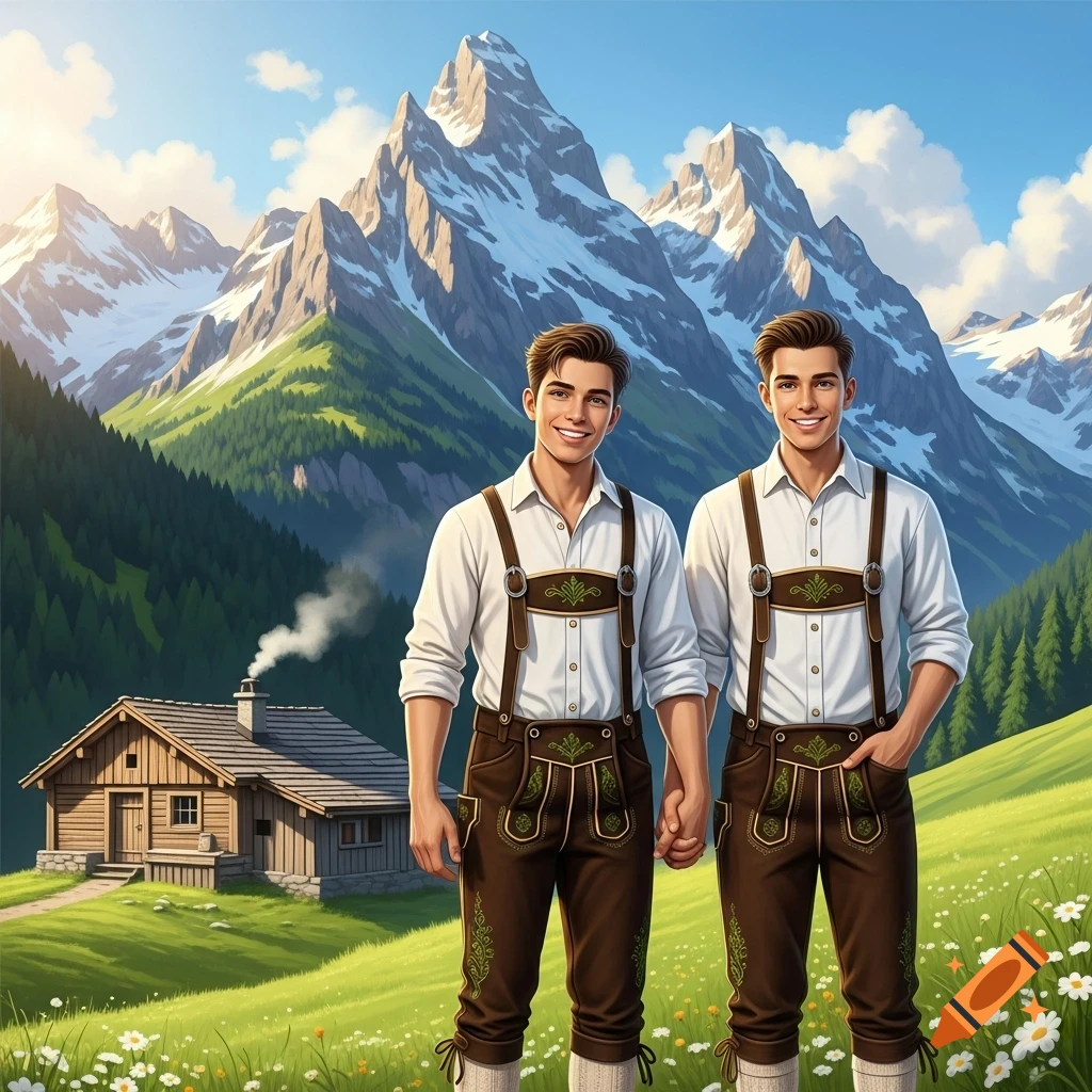 Two smiling men in traditional Bavarian lederhosen hold hands in front of an alpine hut and majestic snow-capped mountains.