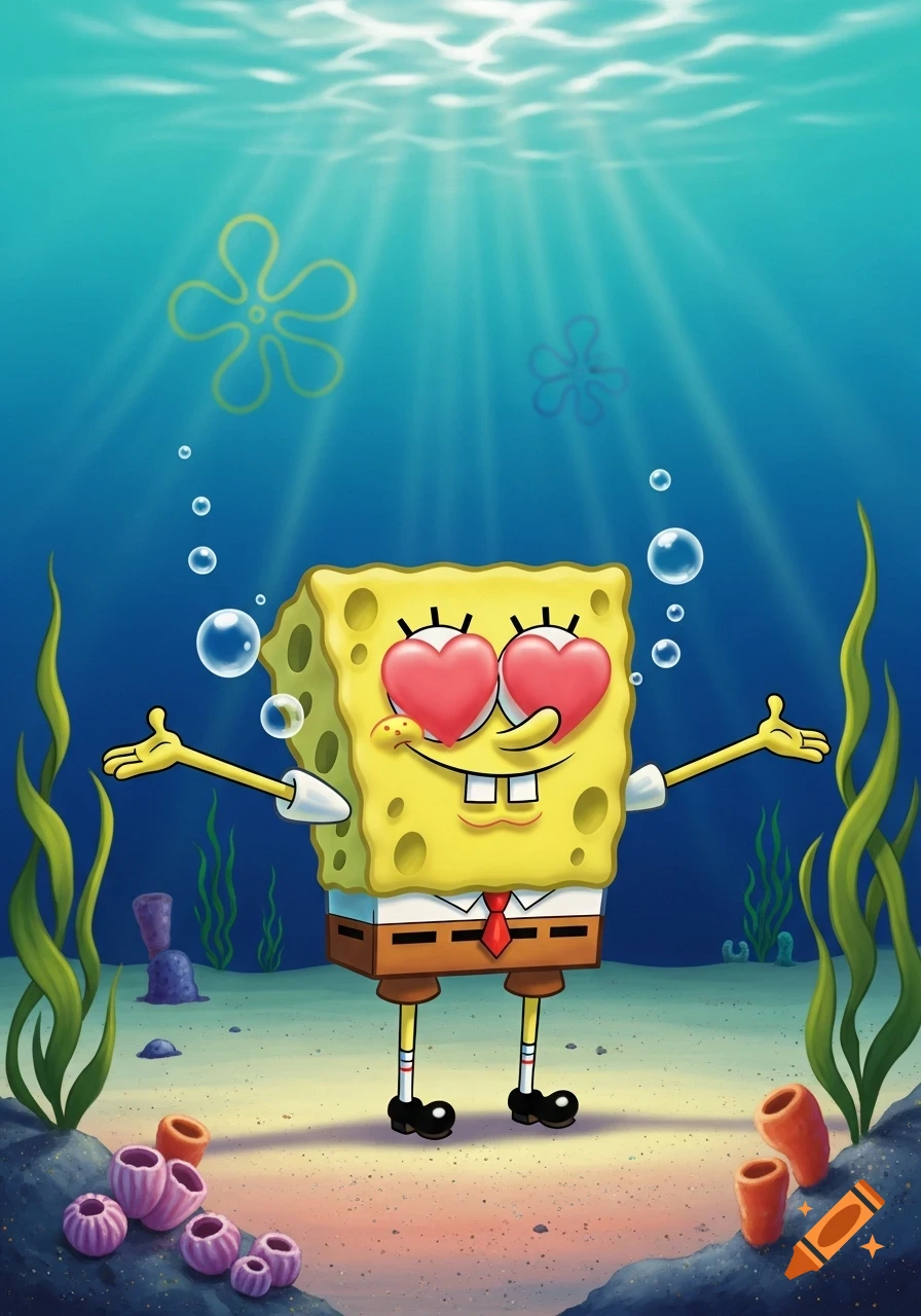 Spongebob Squarepants underwater with heart-shaped eyes and open arms, looking cheerful.