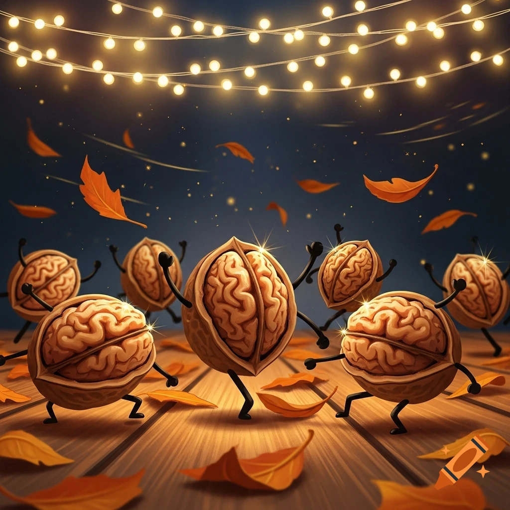 Whimsical illustration of anthropomorphic walnuts dancing on a wooden floor among autumn leaves, under strings of fairy lights.