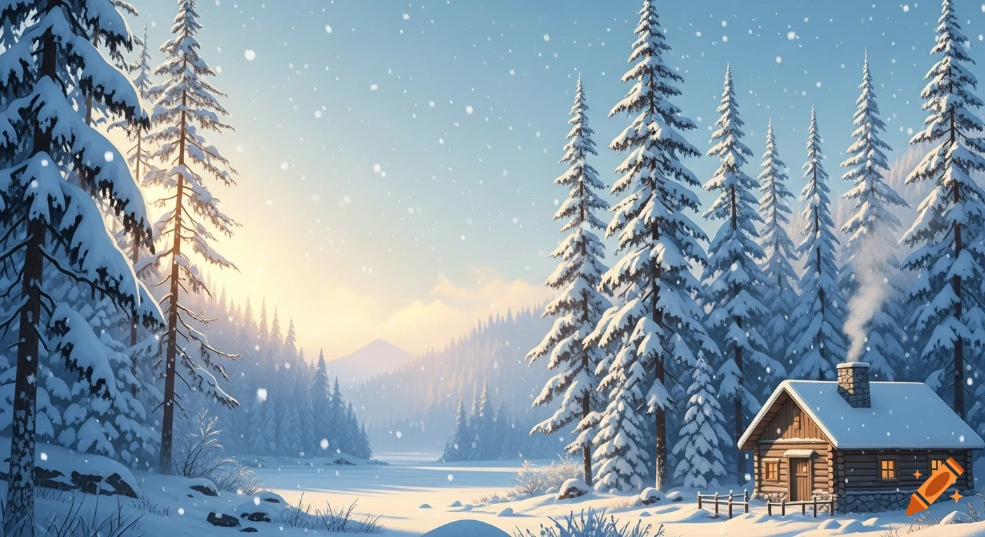 A picturesque winter landscape featuring a snow-covered cabin and pine trees, with light snow falling over a frozen lake at sunrise.