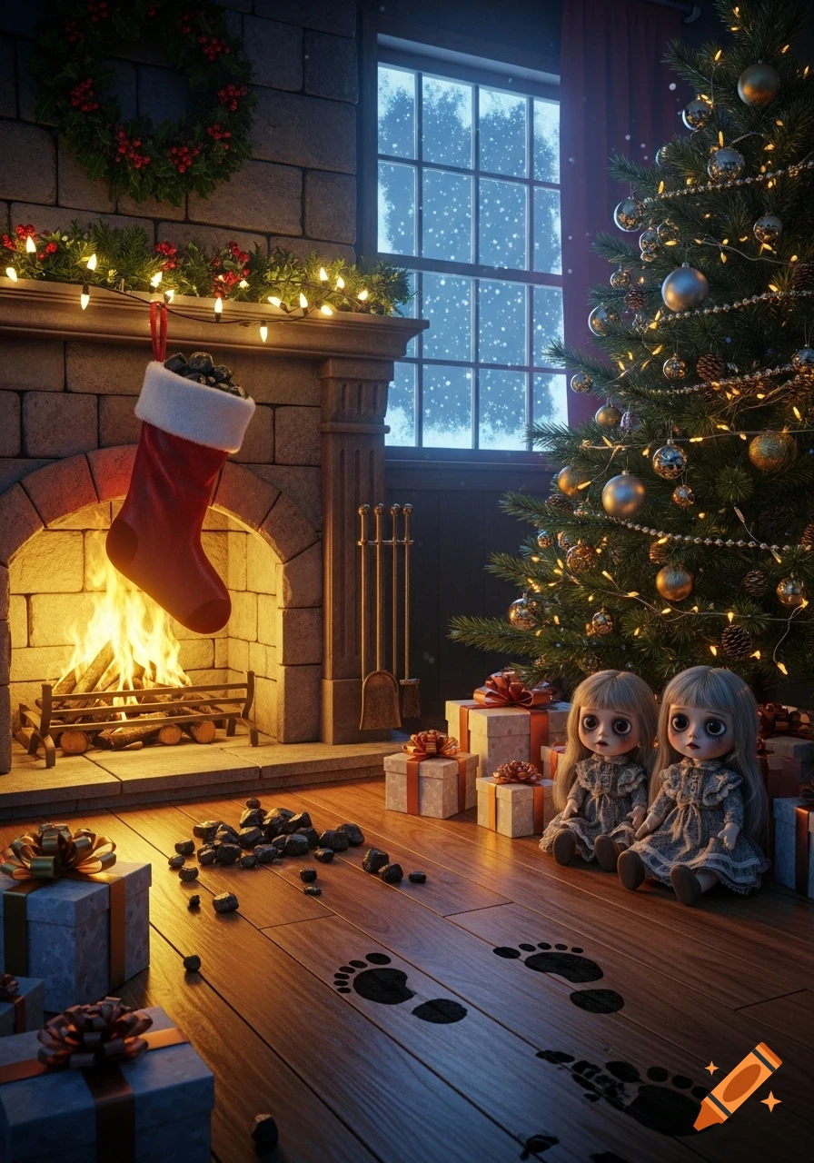 A photorealistic image of a Christmas-decorated room with a fireplace, a stocking of coal, coal and footprints on the floor, and two unhappy dolls next to a Christmas tree and presents.