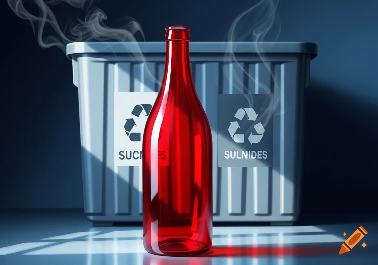 A shiny red glass bottle in front of two grey recycling bins with text 'SUCLES' and 'SULNIDES', with smoke rising.