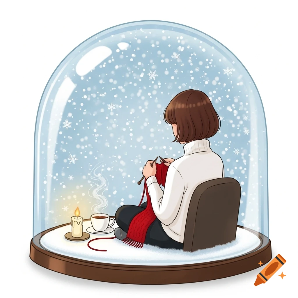 Illustration of a person knitting a red scarf inside a snow globe, with falling snow, a lit candle, and a hot cup of tea.