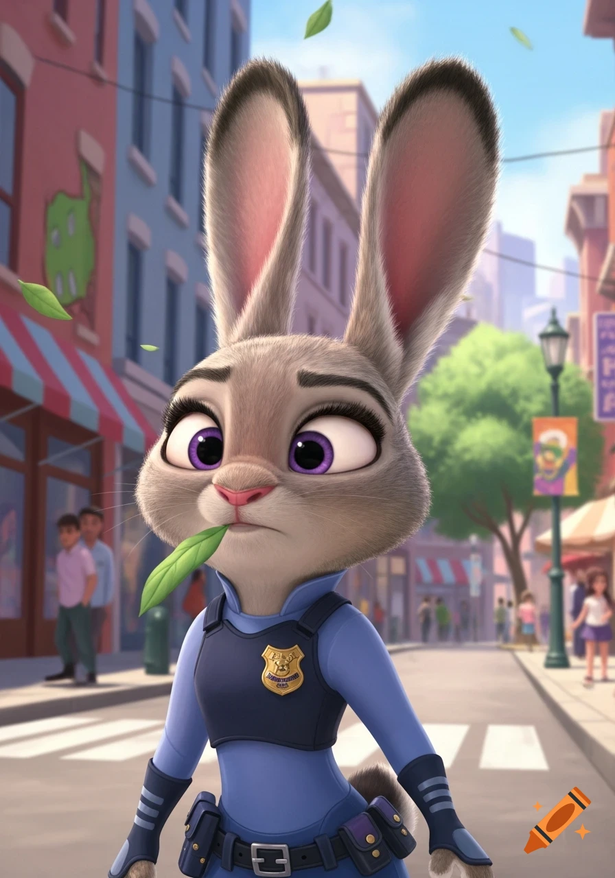 Close-up of animated rabbit police officer Judy Hopps with a leaf in her mouth, standing on a city street.