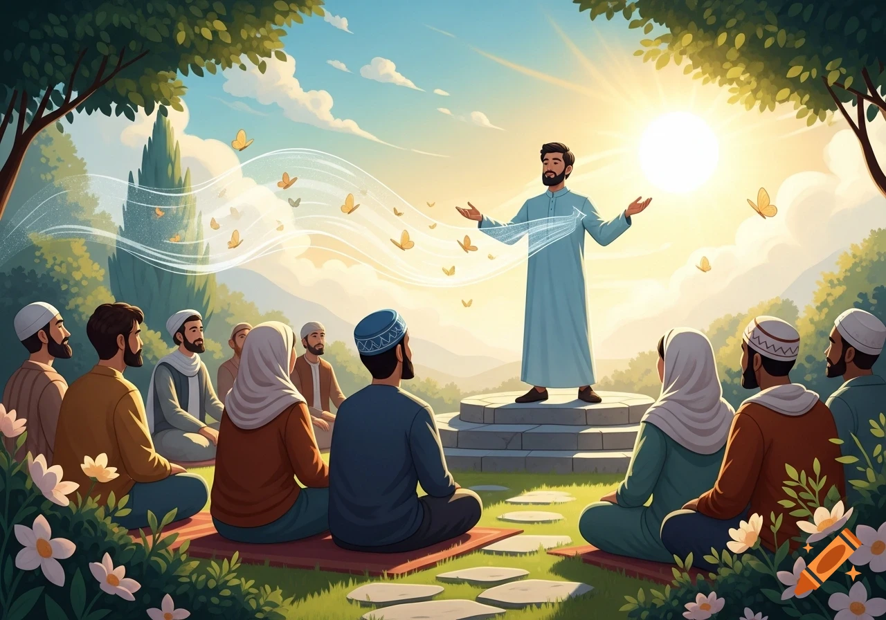 A cartoon illustration of a bearded man in light blue robes giving a sermon outdoors to a group of men and women sitting on grass, with butterflies flying around and a bright sun.