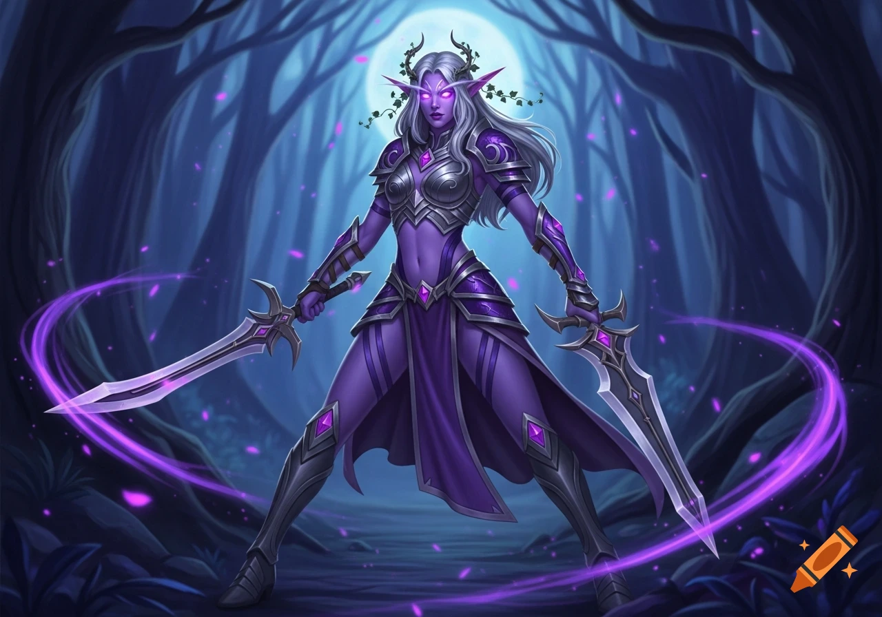 A mystical purple warrior elf with glowing eyes and two purple swords stands in a dark, moonlit forest, digital art.