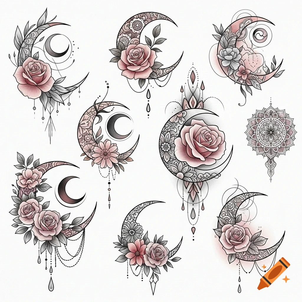 Multiple delicate tattoo designs featuring crescent moons adorned with pink roses, grey leaves, and ornamental patterns on a white background.
