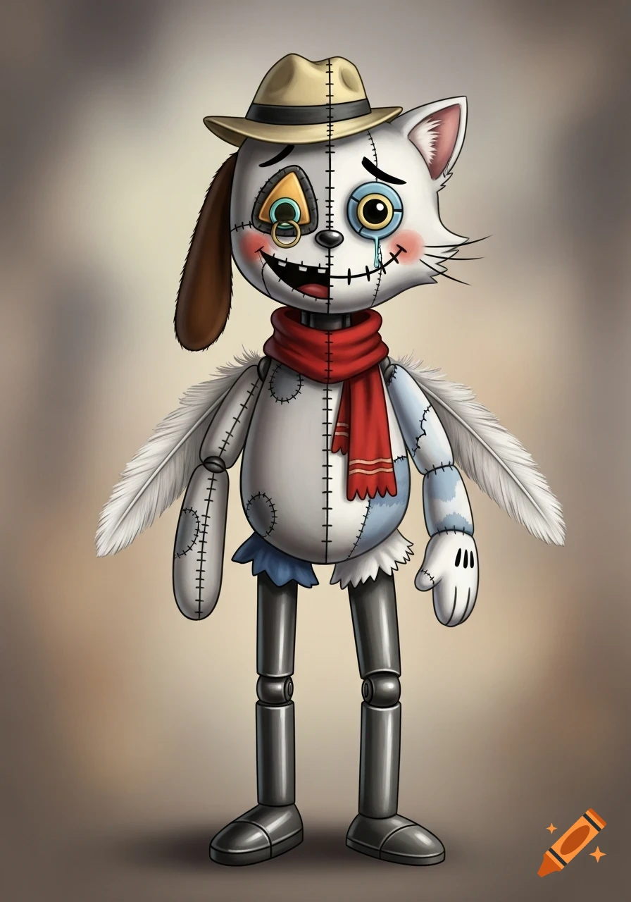 A patchwork ragdoll creature with a split face, one half dog with a nose ring, the other a crying cat. It wears a fedora and red scarf, has feathered arms and metallic legs.