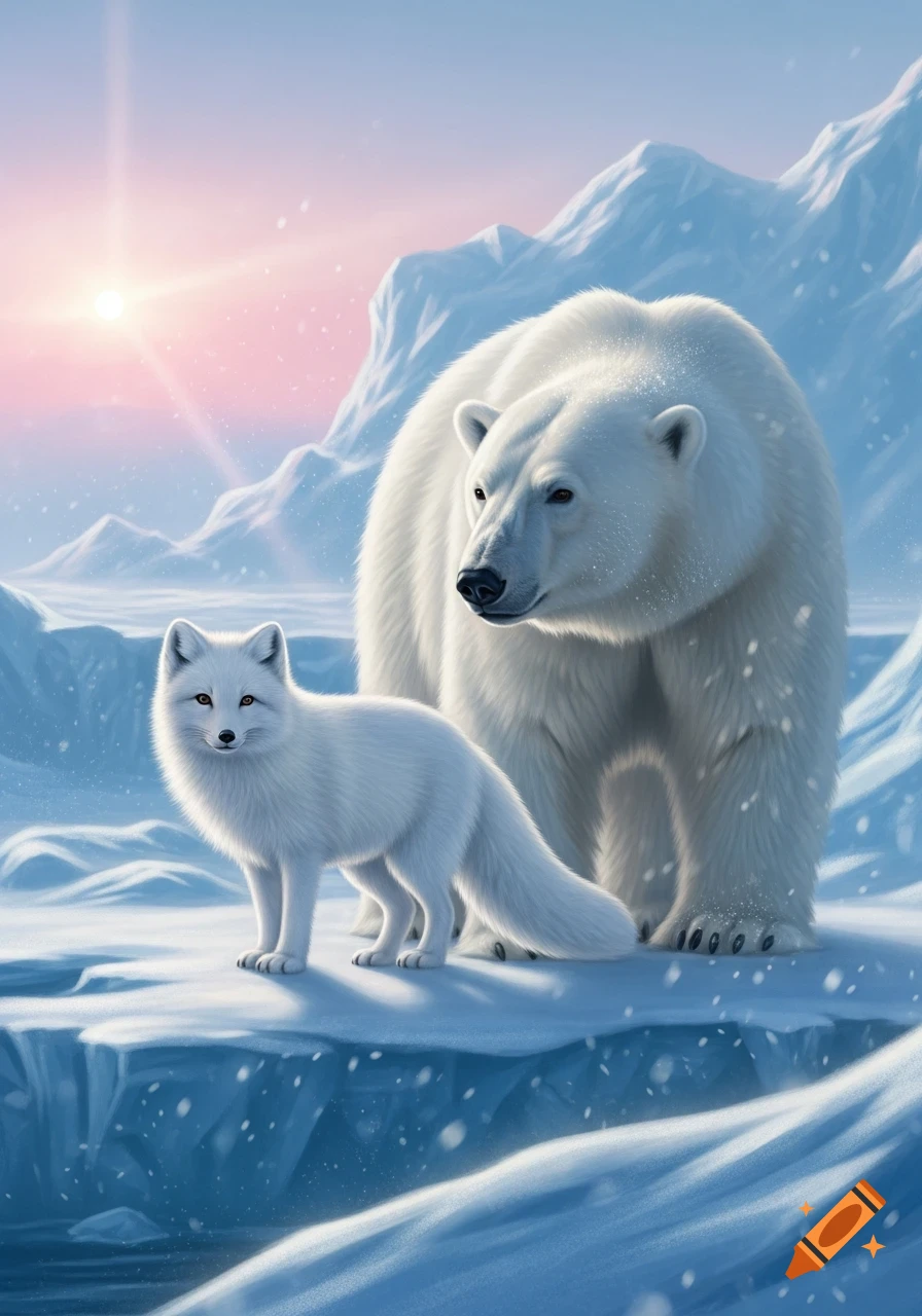 Digital painting of a white arctic fox and a polar bear standing in a snowy arctic landscape under a pink sunset sky.