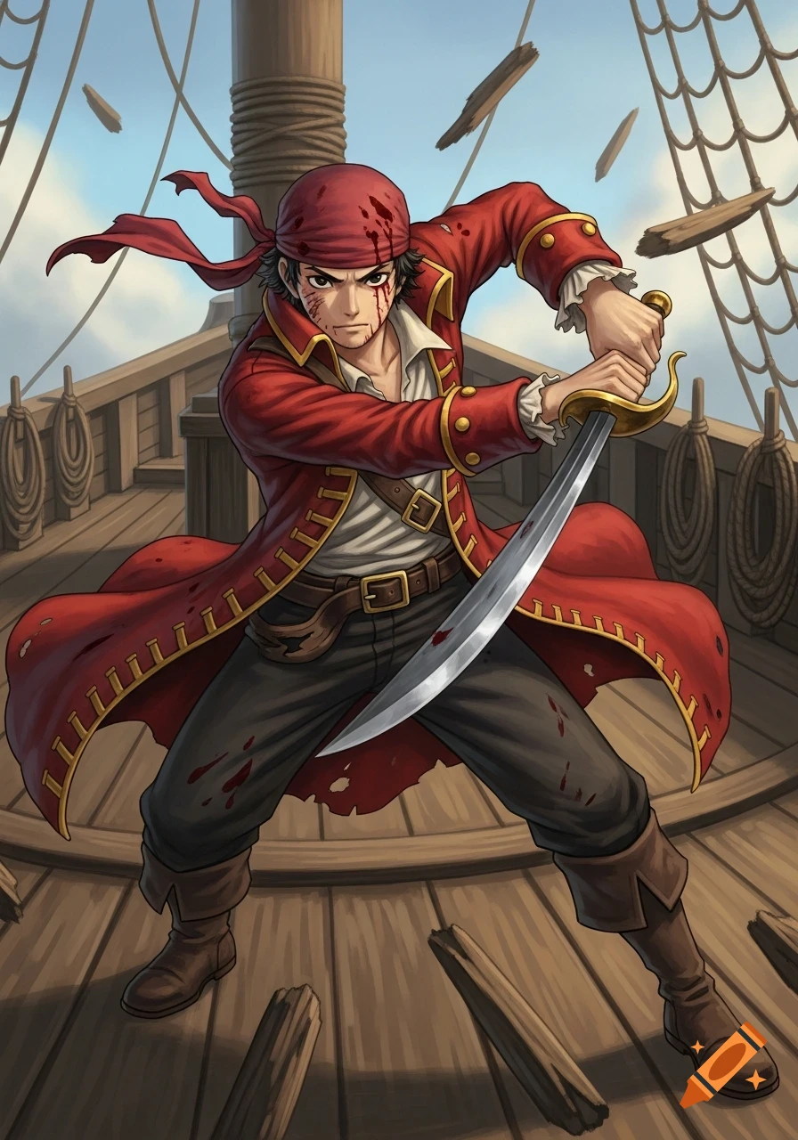 An anime-style pirate with a red bandana and coat, holding a cutlass on a ship deck with flying wood splinters.