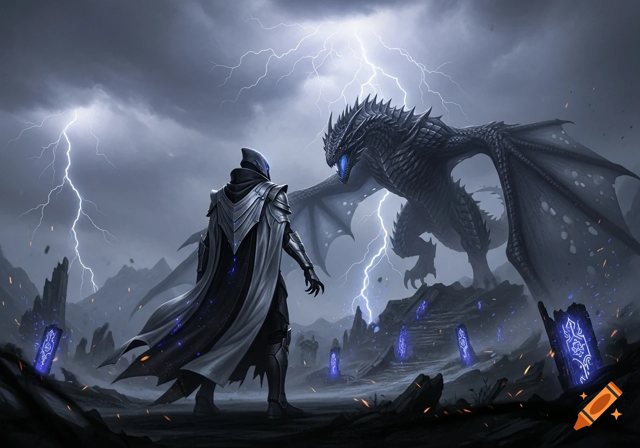 A cloaked figure in armor stands before a massive black dragon under a stormy sky with lightning, surrounded by glowing blue runic pillars.