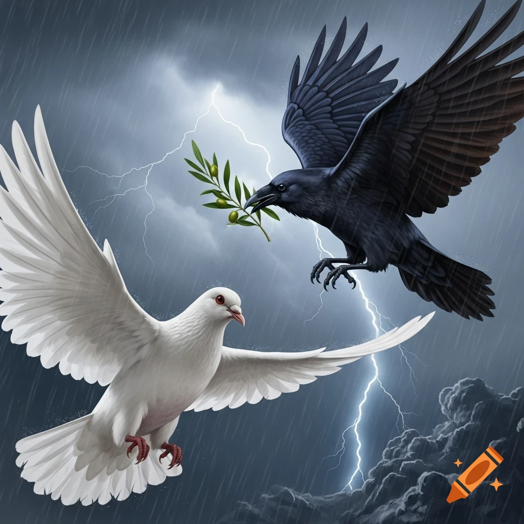 A white dove and a black raven fly against a stormy sky with lightning, the raven holding an olive branch.