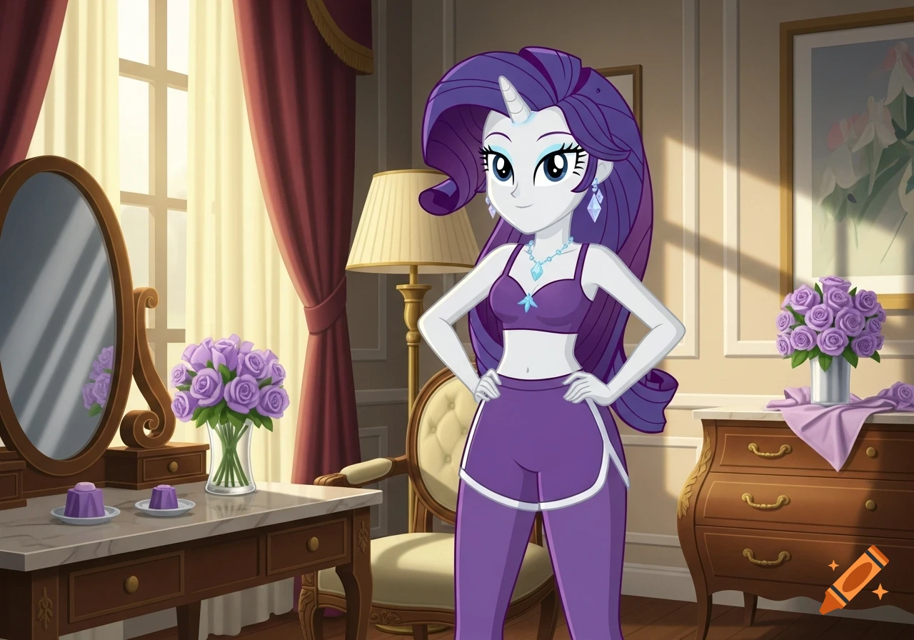 Animated Rarity in a purple bra top and shorts poses in a hotel room.