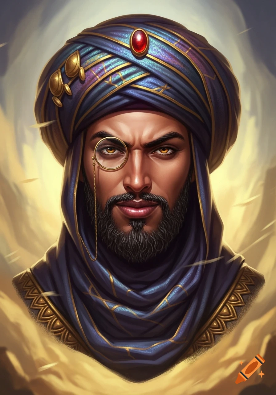Bust portrait of a Somalian man with a beard, monocle, and ornate blue and gold turban, in high fantasy art style.