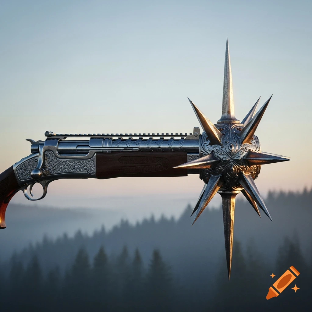 A detailed, photorealistic image of a rifle with an ornate silver morning star attached to its barrel, set against a misty forest background at dusk.