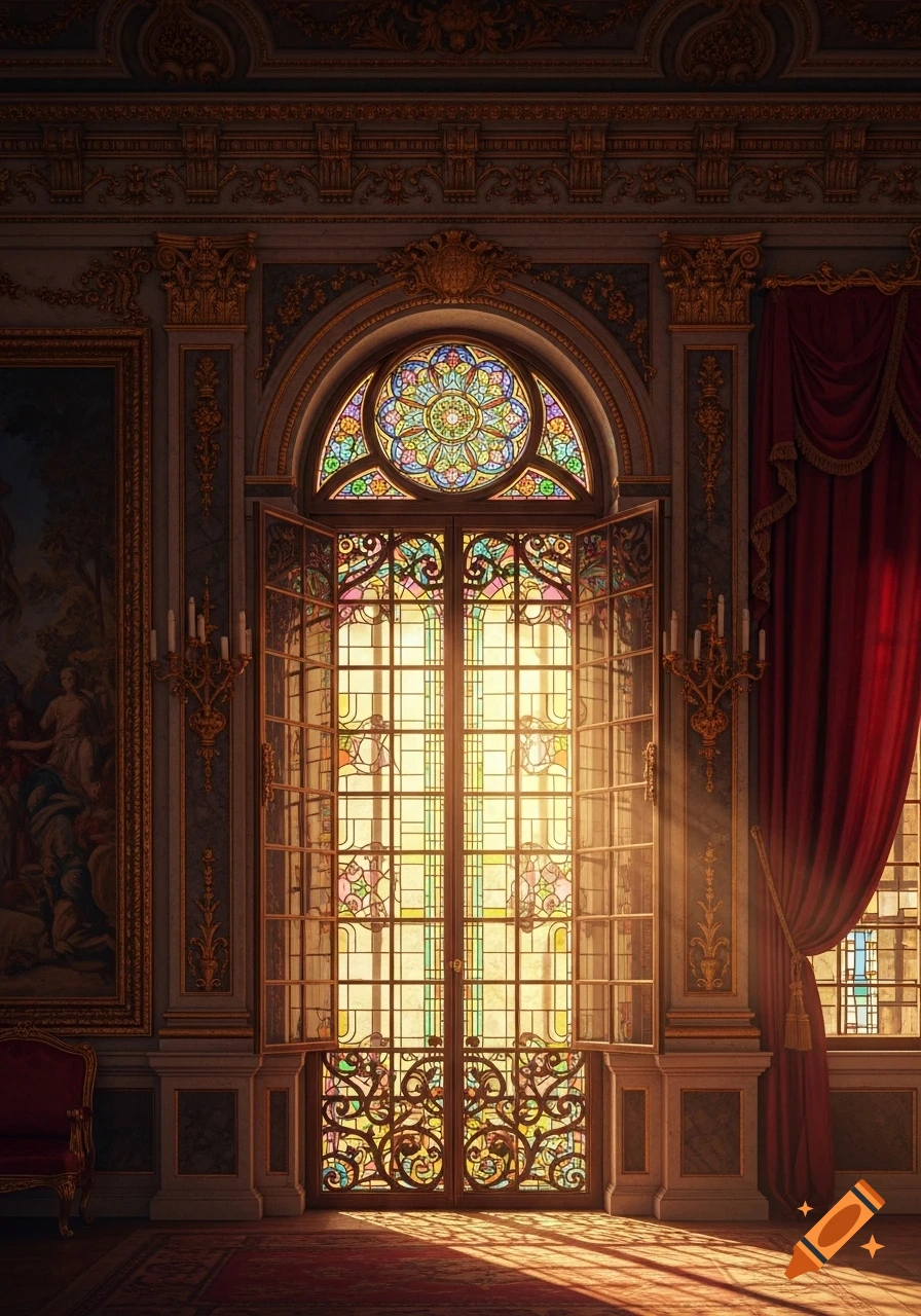 Ornate room with a large stained-glass window and red drapes, golden sunlight streams through, highlighting gilded architectural details.