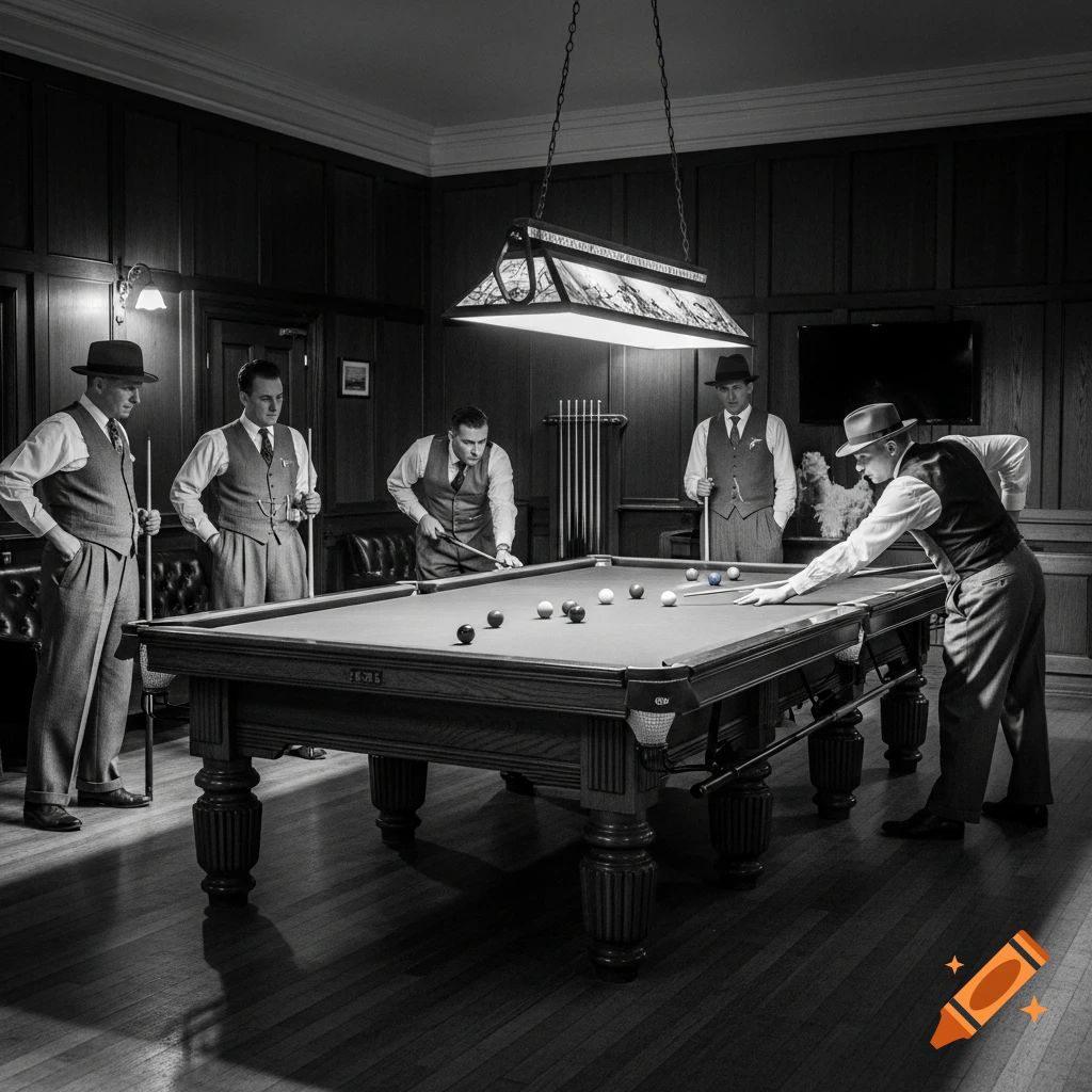 Monochrome photo of five men in vintage attire playing snooker in a dimly lit, wood-paneled room.