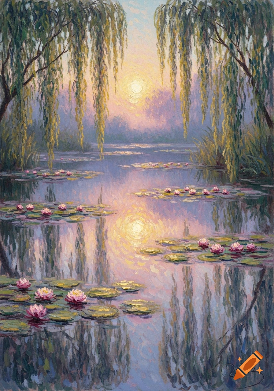 Impressionist painting of pink water lilies on a pond at sunset, with weeping willow trees framing the scene.