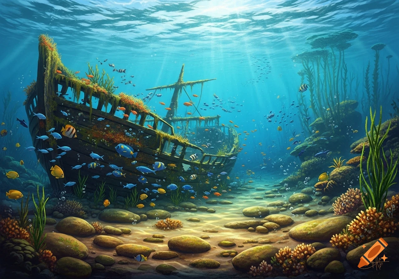 Vibrant underwater scene with a sunken shipwreck covered in plants, surrounded by colorful tropical fish and coral reefs on a sandy seabed.