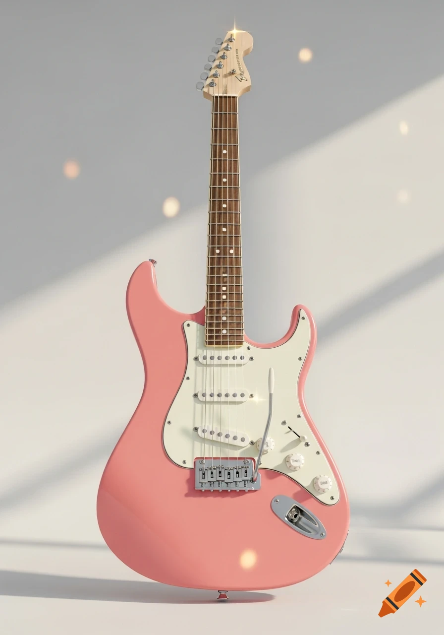 A shiny pink electric guitar with an off-white pickguard stands vertically in a minimalist white room with sun reflections.