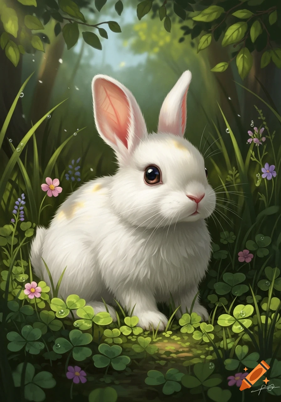 Fluffy white rabbit with brown eyes in a vibrant green forest with clovers and small flowers, digital illustration.