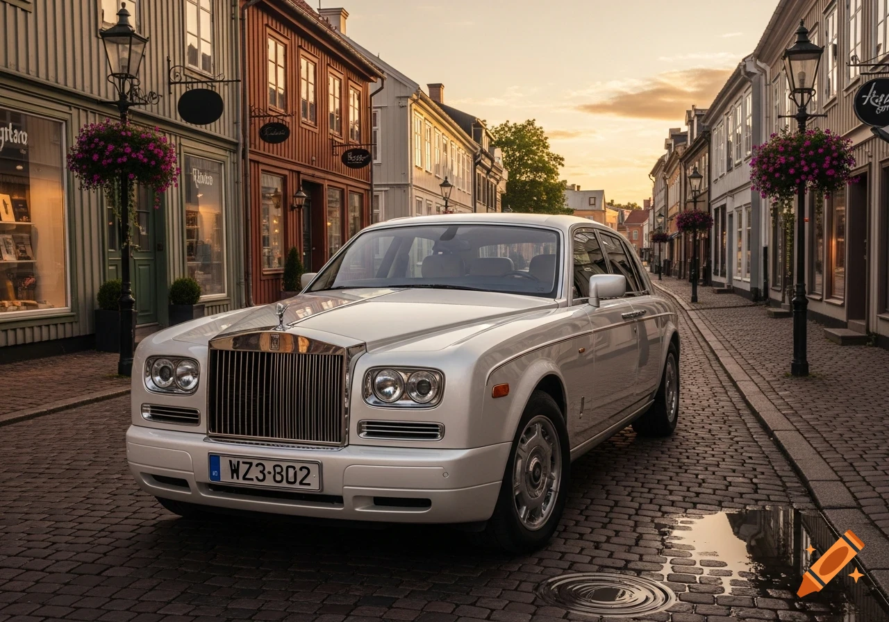 A white Rolls Royce Phantom parked on a cobblestone street in a historic European town at sunset, with old buildings lining the street.