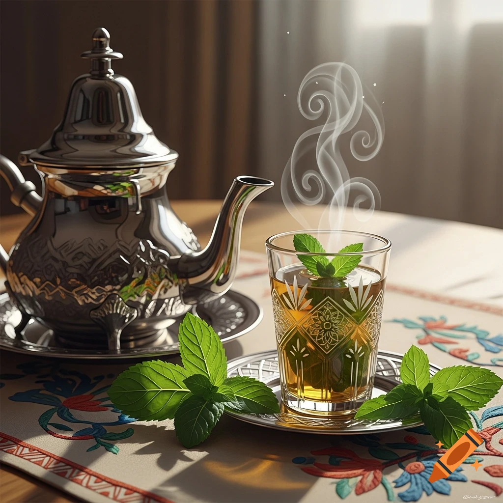 A silver teapot and a glass of steaming mint tea with fresh mint leaves on a decorative tablecloth.