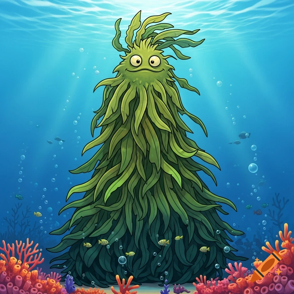 A cartoonish green seaweed monster with googly eyes stands on the seabed amidst colorful coral and small fish, in a 'Plants vs. Zombies' art style.