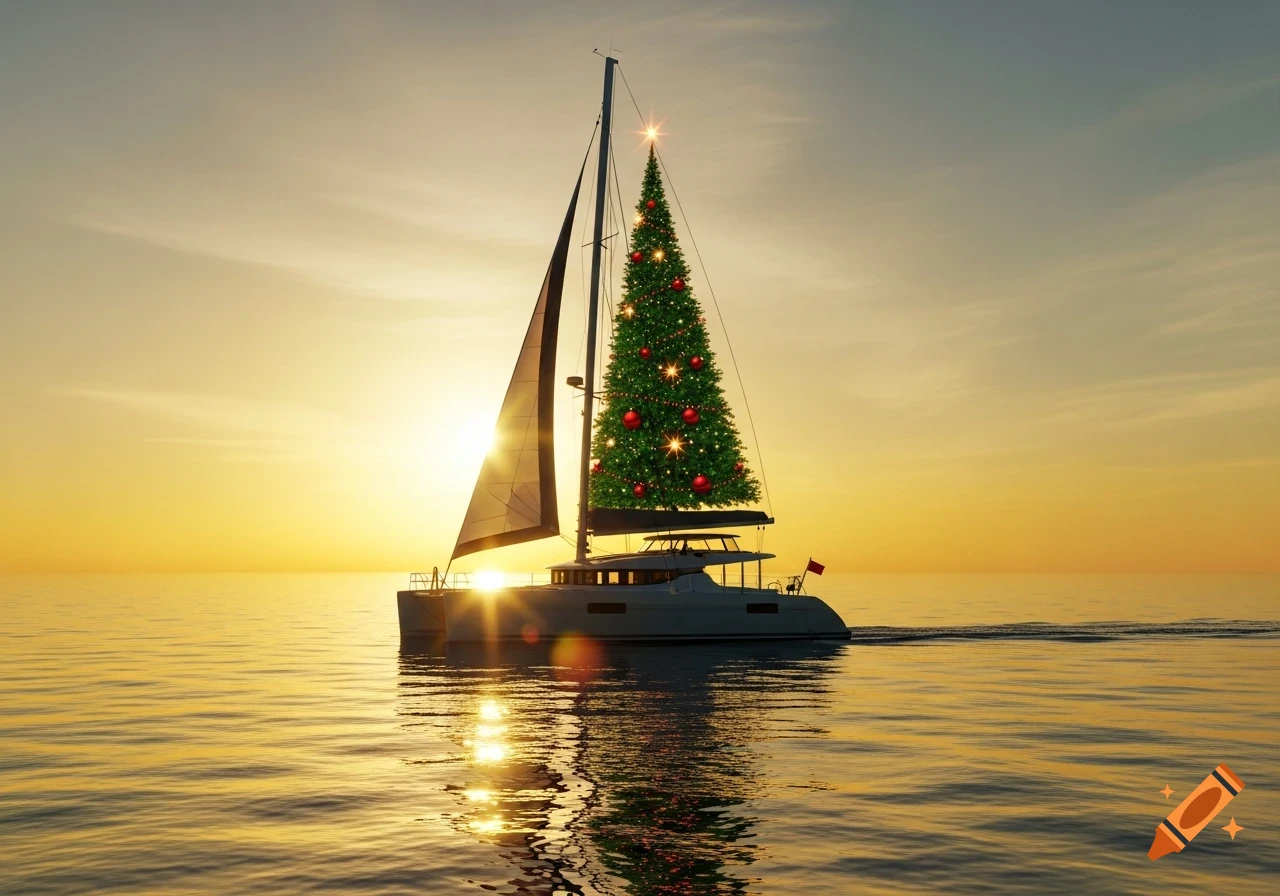 Catamaran sailboat with a decorated Christmas tree on deck, sailing into a golden sunset over calm ocean waters.