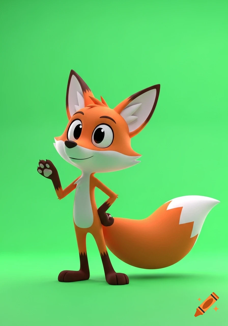 A cheerful orange cartoon fox character with a white belly and tail tip, standing against a bright green background, raising a paw.