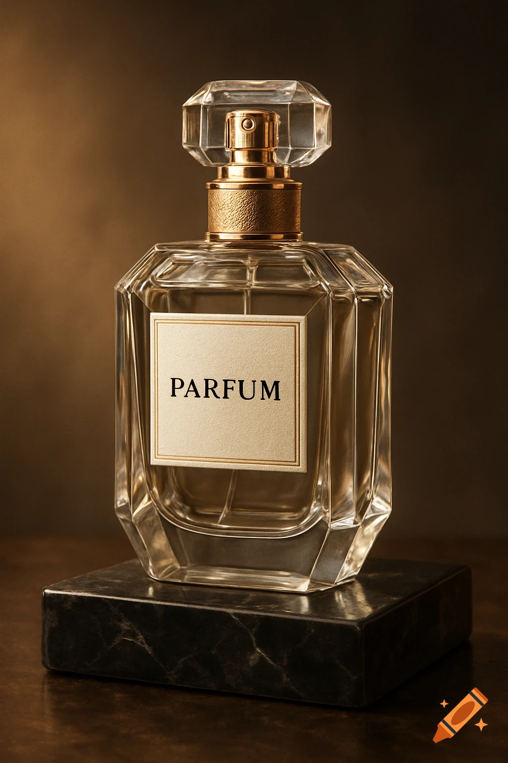 Photorealistic close-up of a luxurious perfume bottle with a golden cap and a 'PARFUM' label, standing on a dark marble base.