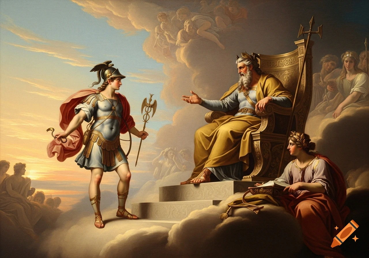 Hermes, in winged helmet and armor, stands talking to a bearded Zeus enthroned on a cloud, in an old painting style.