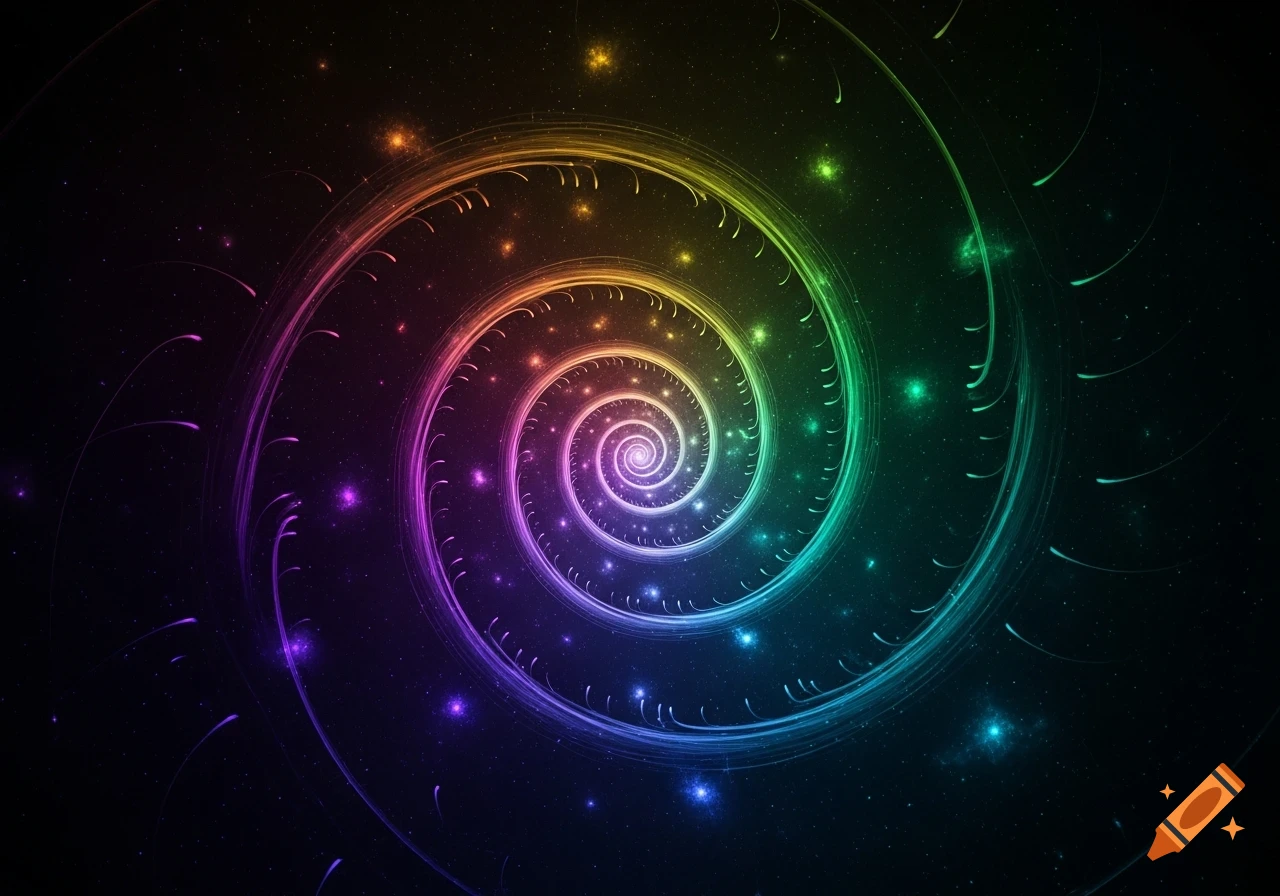 A vibrant rainbow-colored spiral, reminiscent of a galaxy, recedes into a dark, star-filled space.