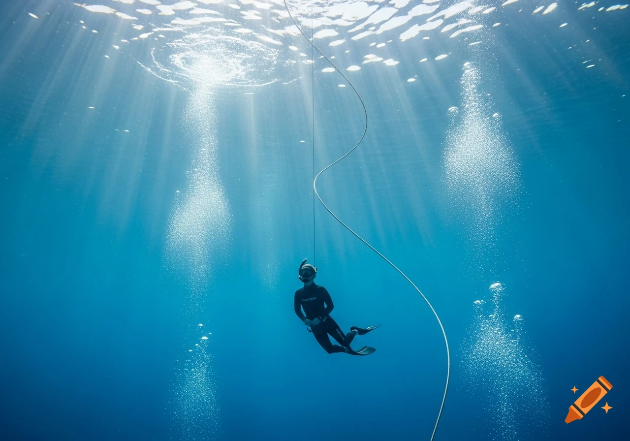 A lone diver in a black wetsuit and fins descends deep into a clear blue ocean, illuminated by bright sunbeams from the surface, with a white rope stretching upwards.