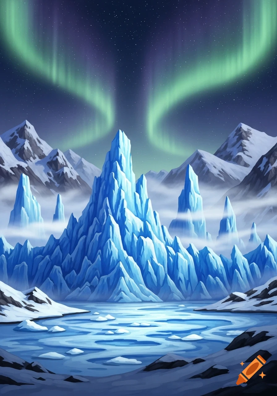 Vibrant green aurora over a frozen arctic landscape with towering ice formations, snow-capped mountains, and an icy lake.