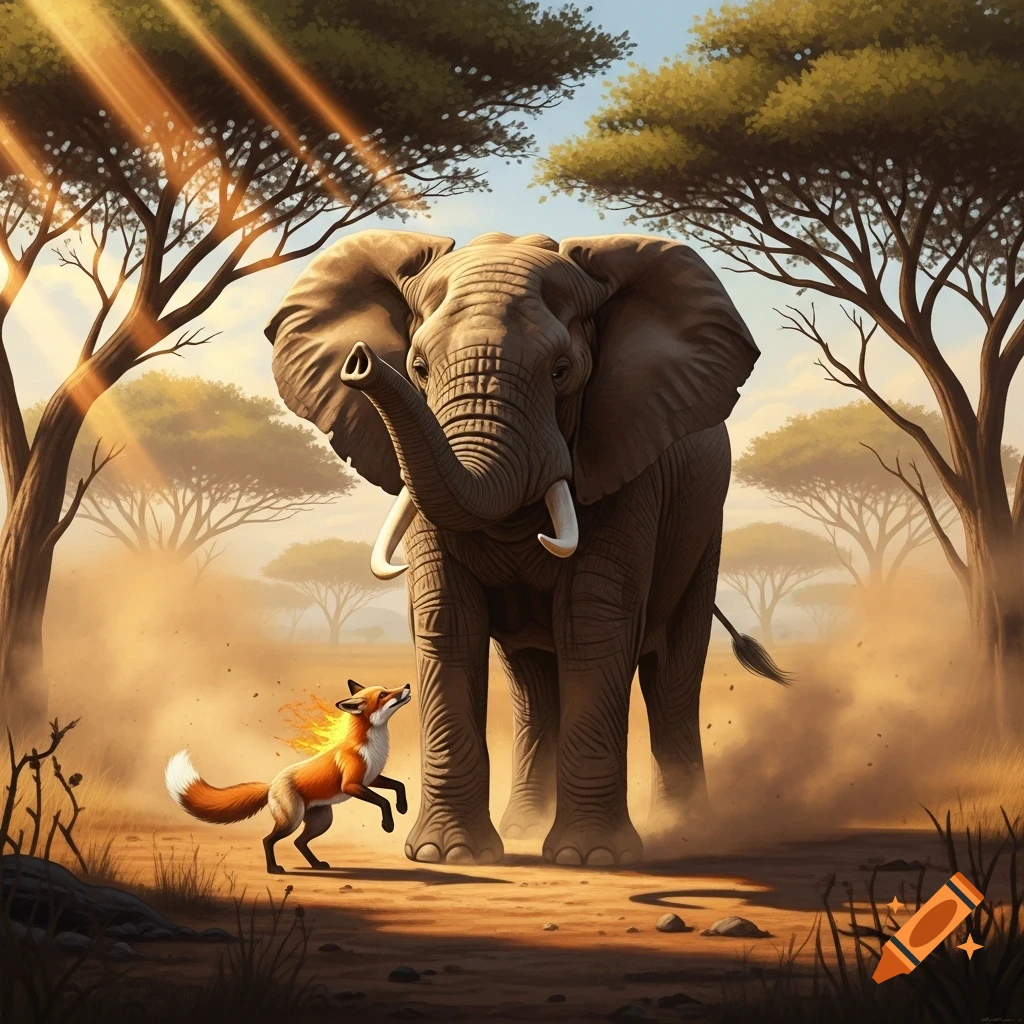 A large elephant with tusks and a small fox with a fiery back interact in a dusty savanna under sunny skies.