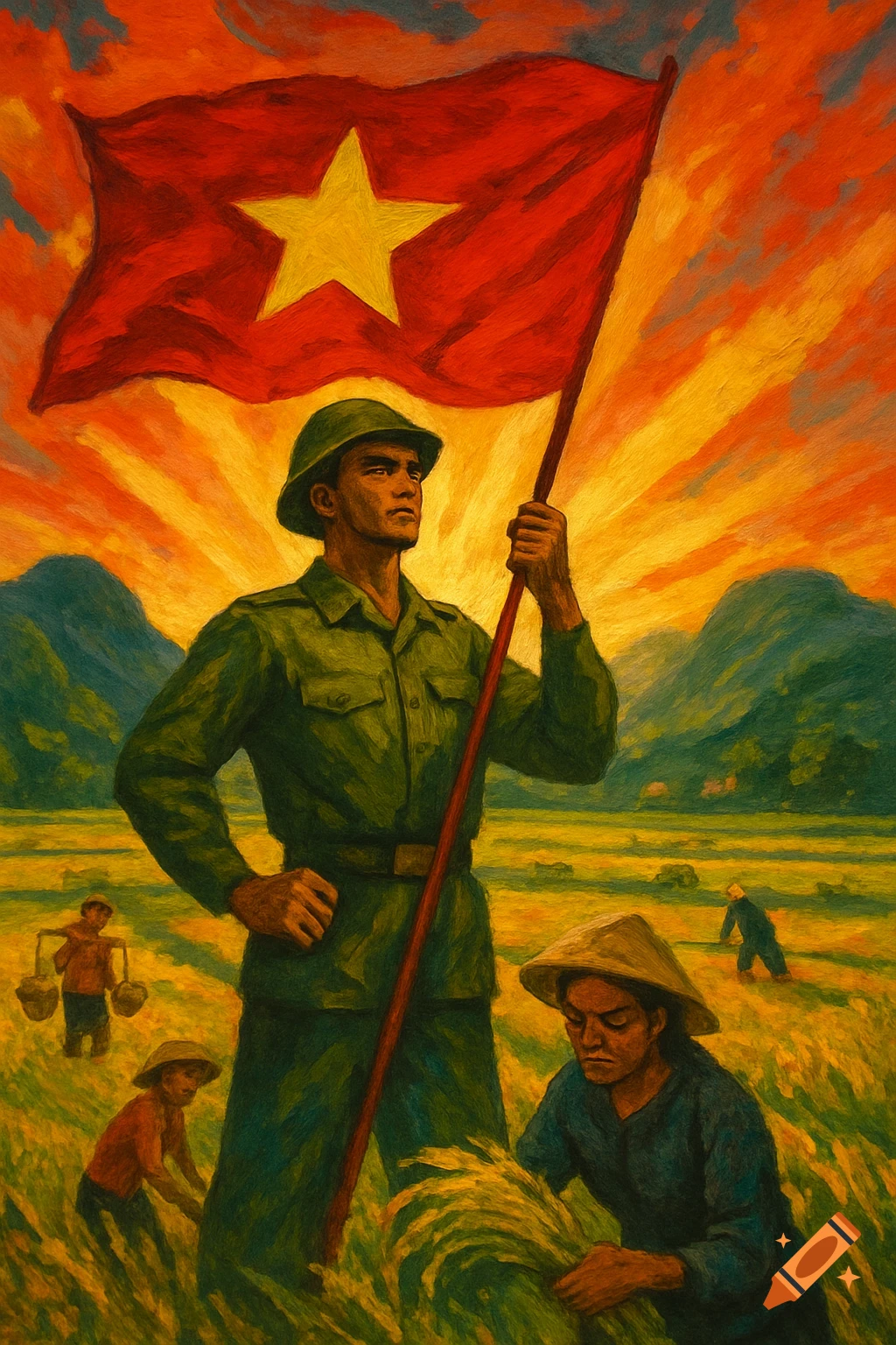 A man in a green military uniform holding a red Vietnamese flag with a yellow star, standing in a field with farmers under a sunset sky, in a propaganda art style.