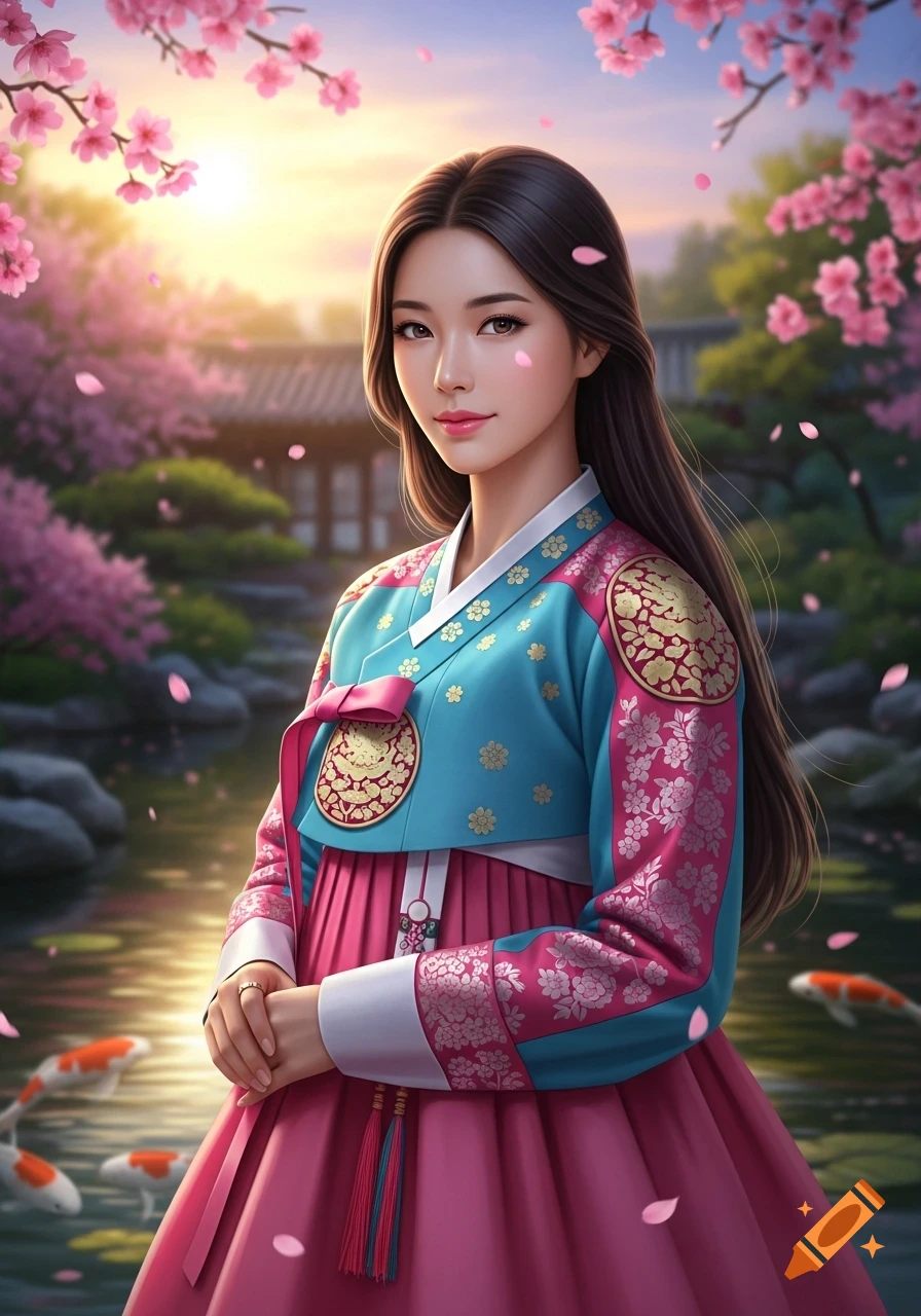A beautiful Korean woman in a vibrant blue, pink, and gold hanbok, standing in a cherry blossom garden with koi fish and a pond at sunset.