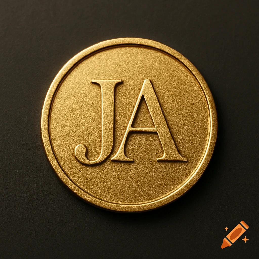 A close-up of a circular gold stamp with the embossed initials JA on a dark background.