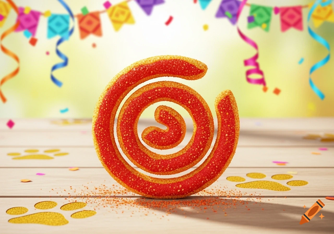 A vibrant red and yellow spiral-shaped snack on a wooden surface with yellow paw prints, set against a festive background.