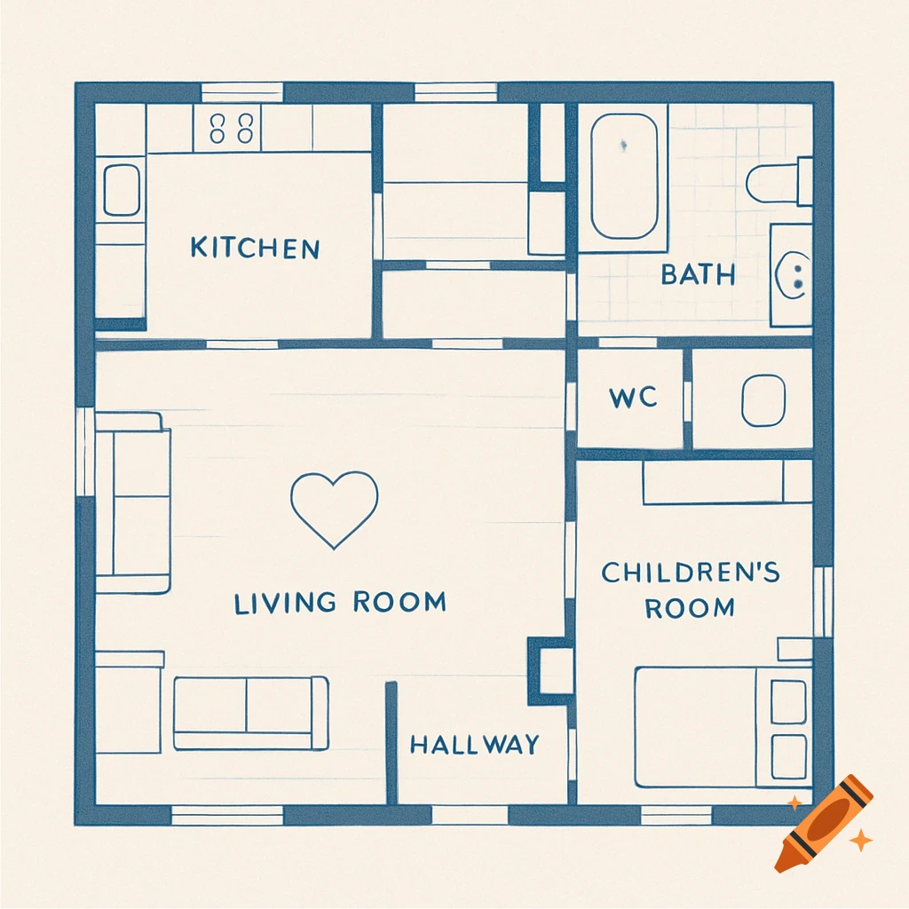 Minimalist blue and cream floor plan of a house with labeled rooms including kitchen, living room, bath, WC, children's room, and hallway, with a heart in the living room.
