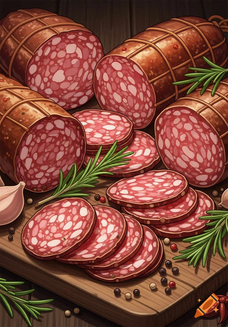 Slices of red salami and whole cured sausages on a wooden board with rosemary, garlic, and peppercorns.