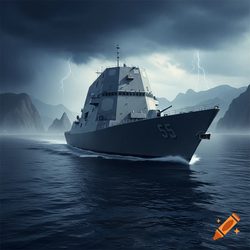 A futuristic grey stealth warship, identified by the number 55 on its bow, sails through stormy dark waters with lightning in the sky and mountains in the background.
