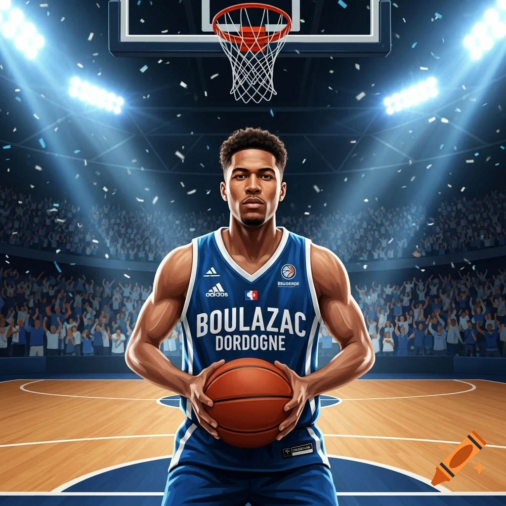 Digital illustration of a basketball player in a blue jersey holding a basketball in a brightly lit, packed arena.