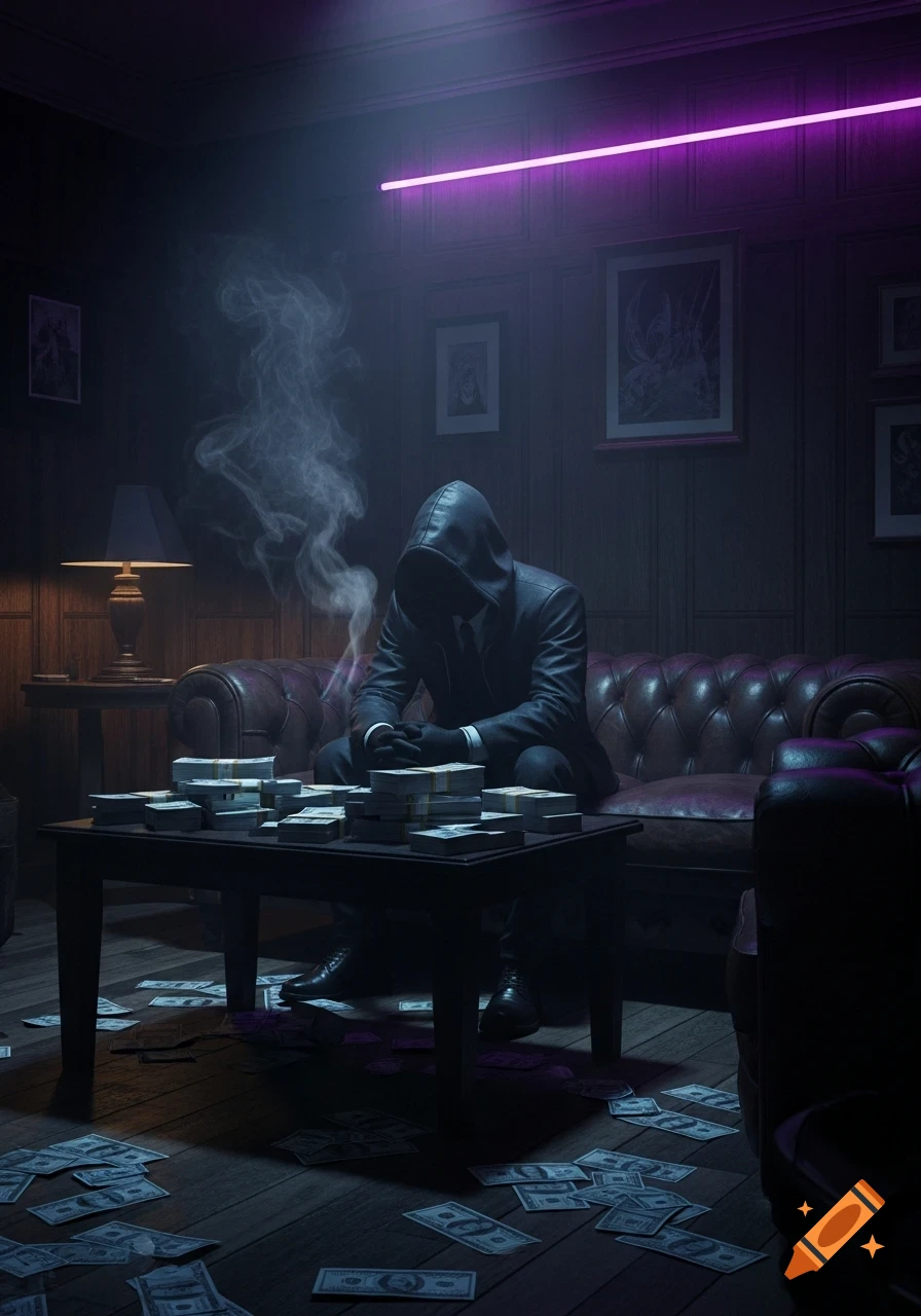 A hooded man in a suit sits thoughtfully at a table piled with cash in a smoky, neon-lit room, cinematic neon-noir style.