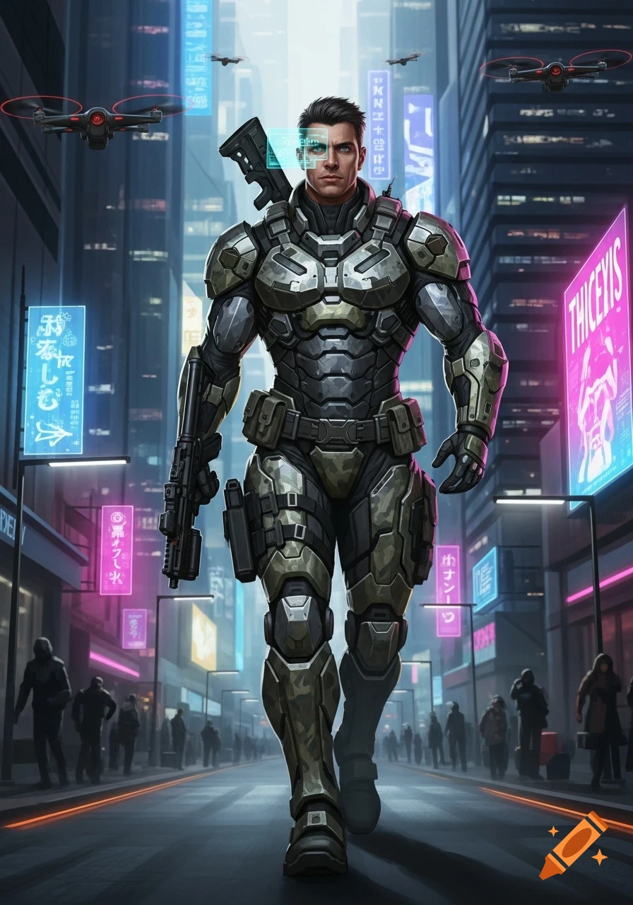 A futuristic soldier in green and grey armor walks down a neon-lit cyberpunk city street with drones flying above.