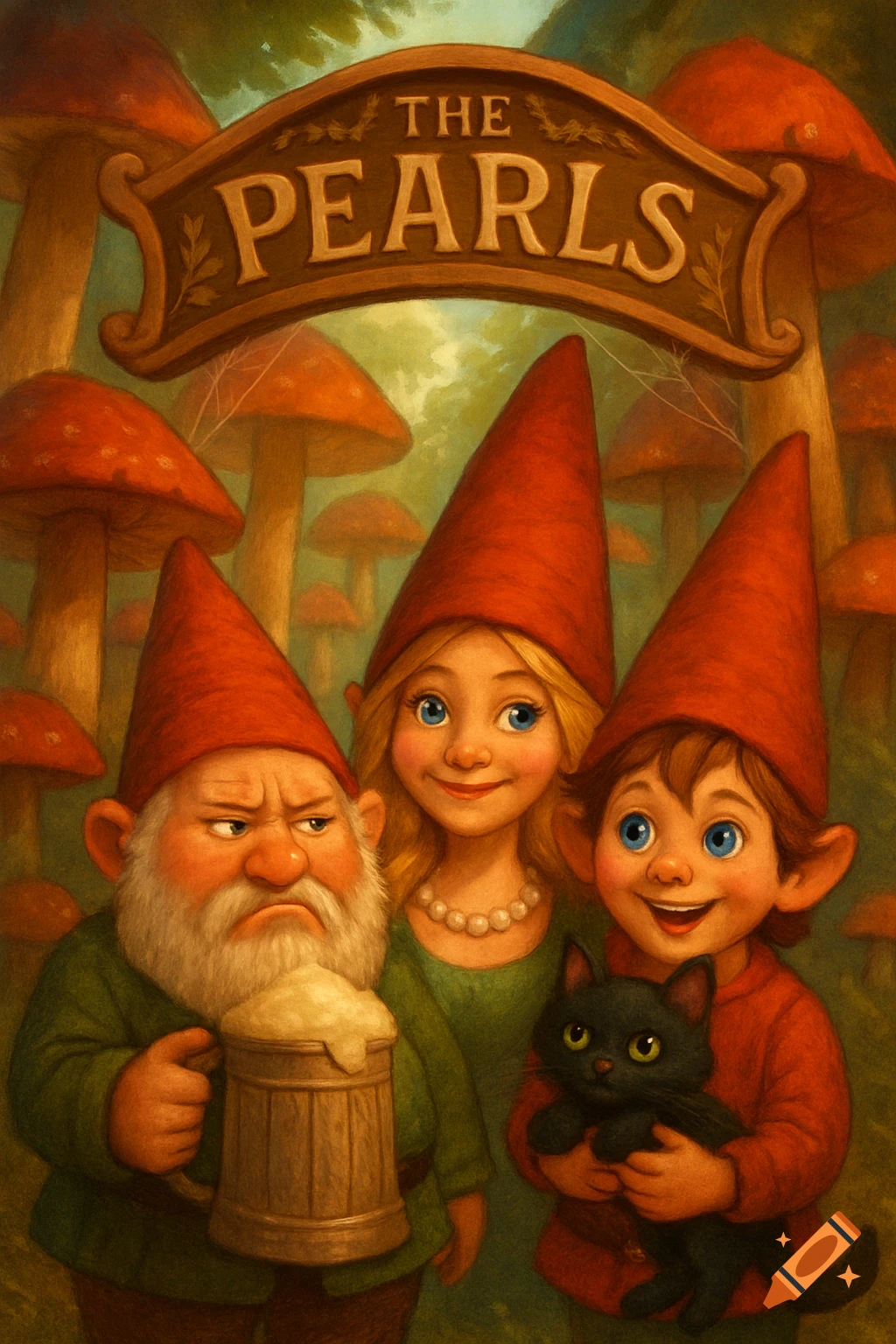 An illustration of a gnome family in a mushroom forest. The father holds a beer, the mother wears pearls, and the child holds a black cat beneath a sign reading 'THE PEARLS'.